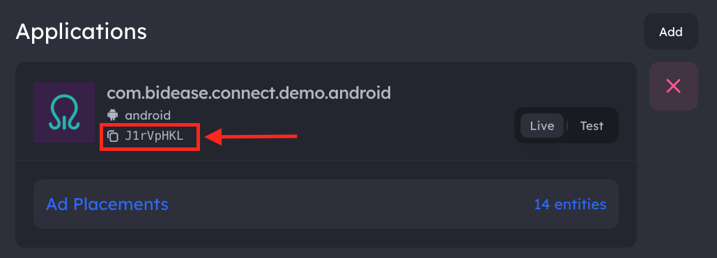 App Key location in the Monetize dashboard